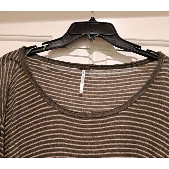 Free People Olive & Tan Striped Long Sleeve with Knit/ Crochet Sides Size Medium - Picture 4 of 8